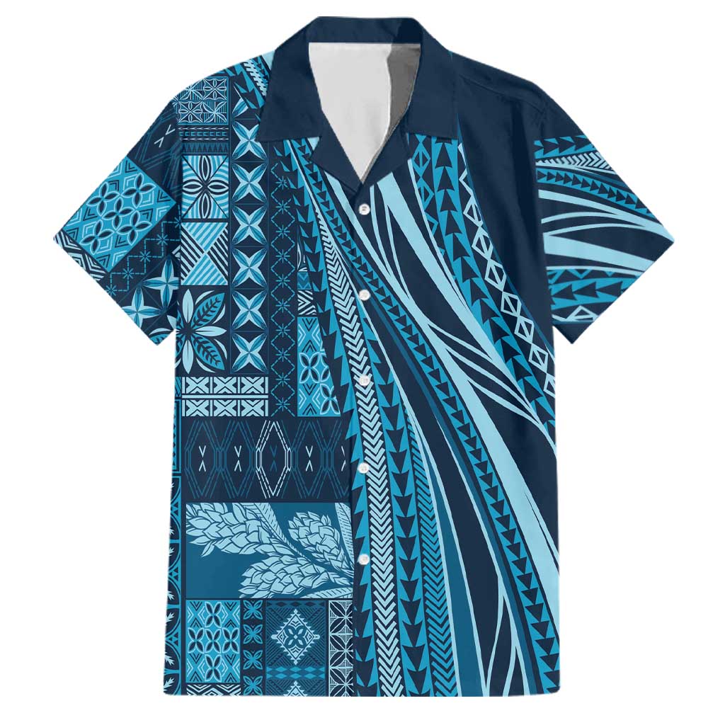 Pasifika Women's Day - Samoa Siapo Malu Tattoo Inspired Family Matching Off The Shoulder Long Sleeve Dress and Hawaiian Shirt Navy Blue LT7 Dad's Shirt - Short Sleeve Navy Blue - Polynesian Pride