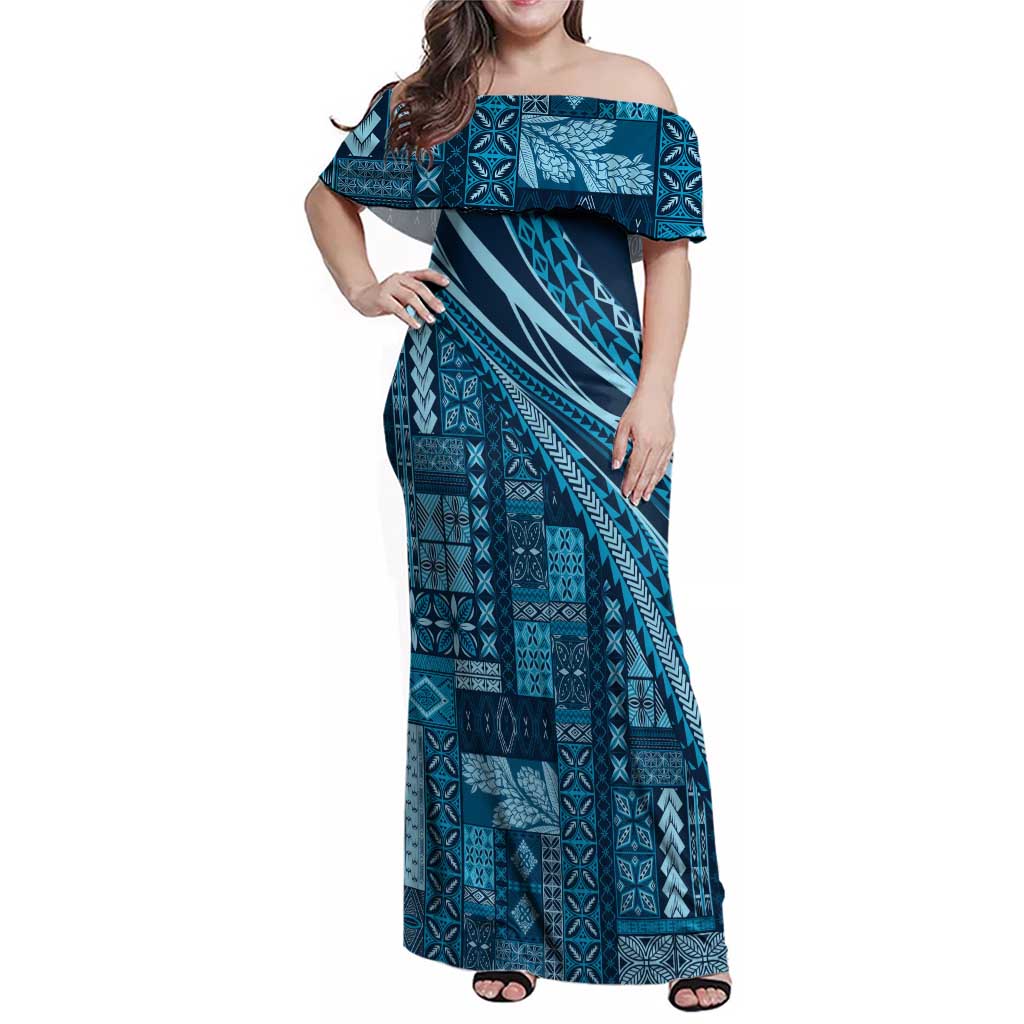 Pasifika Women's Day - Samoa Siapo Malu Tattoo Inspired Family Matching Off Shoulder Maxi Dress and Hawaiian Shirt Navy Blue LT7 Mom's Dress Navy Blue - Polynesian Pride