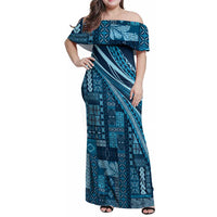 Pasifika Women's Day - Samoa Siapo Malu Tattoo Inspired Family Matching Off Shoulder Maxi Dress and Hawaiian Shirt Navy Blue LT7 Mom's Dress Navy Blue - Polynesian Pride