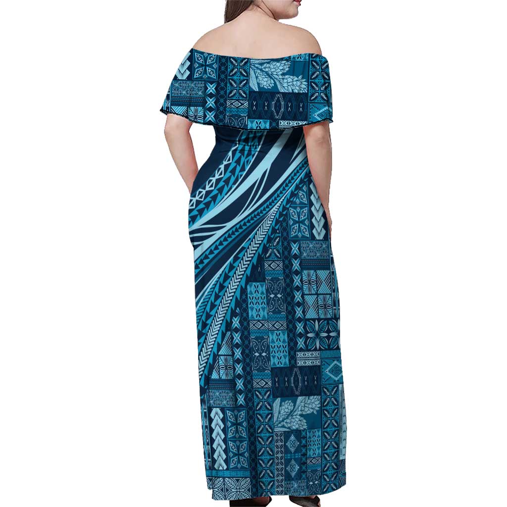 Pasifika Women's Day - Samoa Siapo Malu Tattoo Inspired Family Matching Off Shoulder Maxi Dress and Hawaiian Shirt Navy Blue LT7 - Polynesian Pride