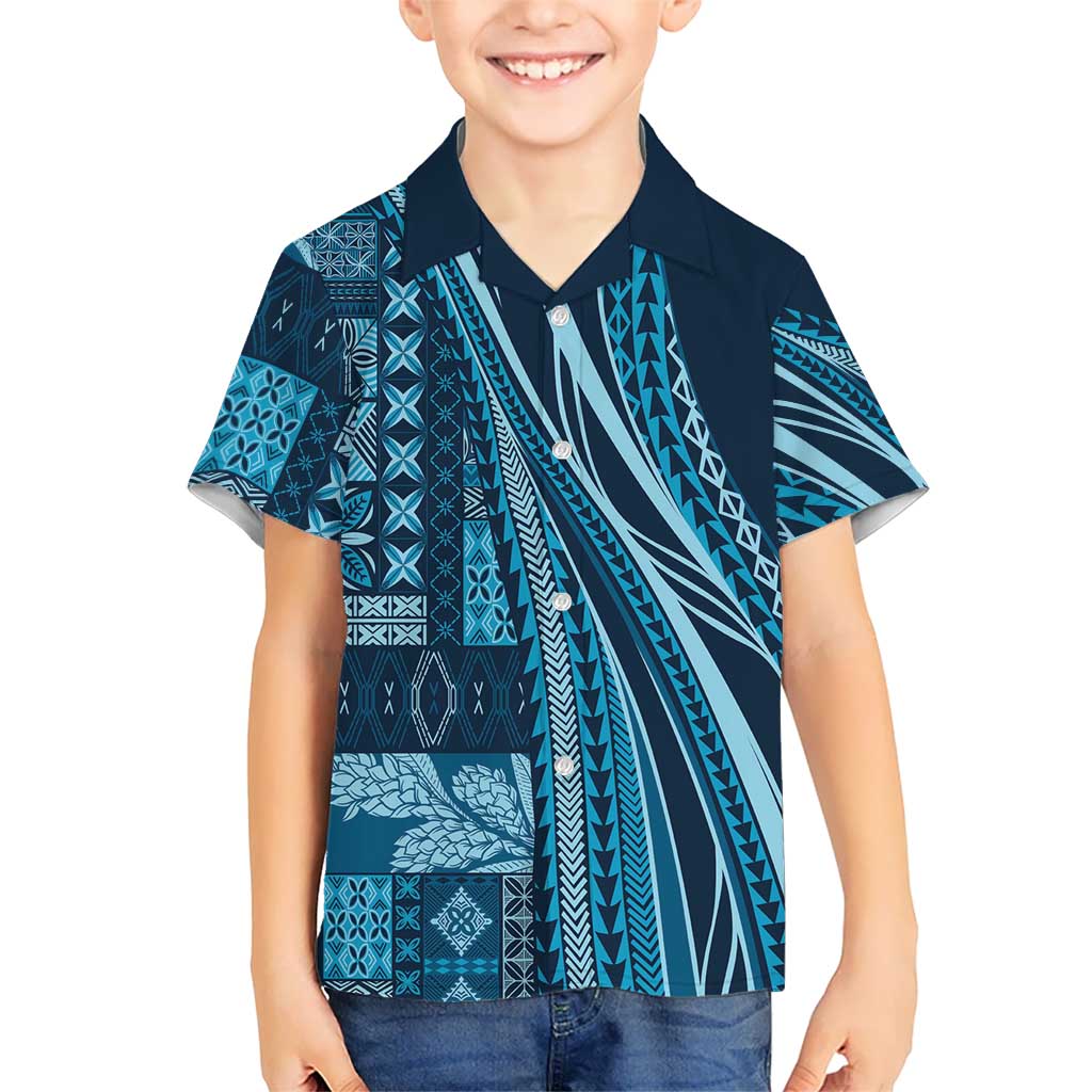 Pasifika Women's Day - Samoa Siapo Malu Tattoo Inspired Family Matching Off Shoulder Maxi Dress and Hawaiian Shirt Navy Blue LT7 Son's Shirt Navy Blue - Polynesian Pride