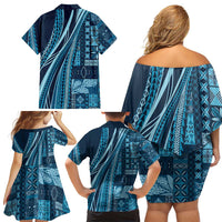 Pasifika Women's Day - Samoa Siapo Malu Tattoo Inspired Family Matching Off Shoulder Short Dress and Hawaiian Shirt Navy Blue LT7 - Polynesian Pride