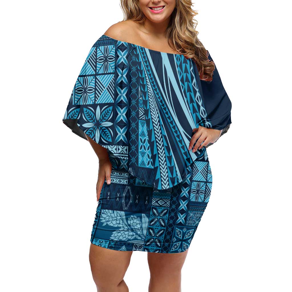 Pasifika Women's Day - Samoa Siapo Malu Tattoo Inspired Family Matching Off Shoulder Short Dress and Hawaiian Shirt Navy Blue LT7 Mom's Dress Navy Blue - Polynesian Pride