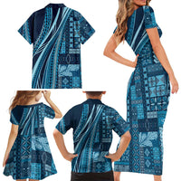 Pasifika Women's Day - Samoa Siapo Malu Tattoo Inspired Family Matching Short Sleeve Bodycon Dress and Hawaiian Shirt Navy Blue LT7 - Polynesian Pride