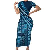 Pasifika Women's Day - Samoa Siapo Malu Tattoo Inspired Family Matching Short Sleeve Bodycon Dress and Hawaiian Shirt Navy Blue LT7 Mom's Dress Navy Blue - Polynesian Pride