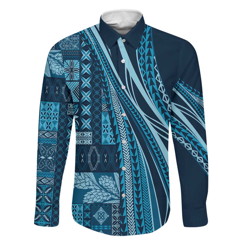 Pasifika Women's Day - Samoa Siapo Malu Tattoo Inspired Family Matching Summer Maxi Dress and Hawaiian Shirt Navy Blue LT7 Dad's Shirt - Long Sleeve Navy Blue - Polynesian Pride
