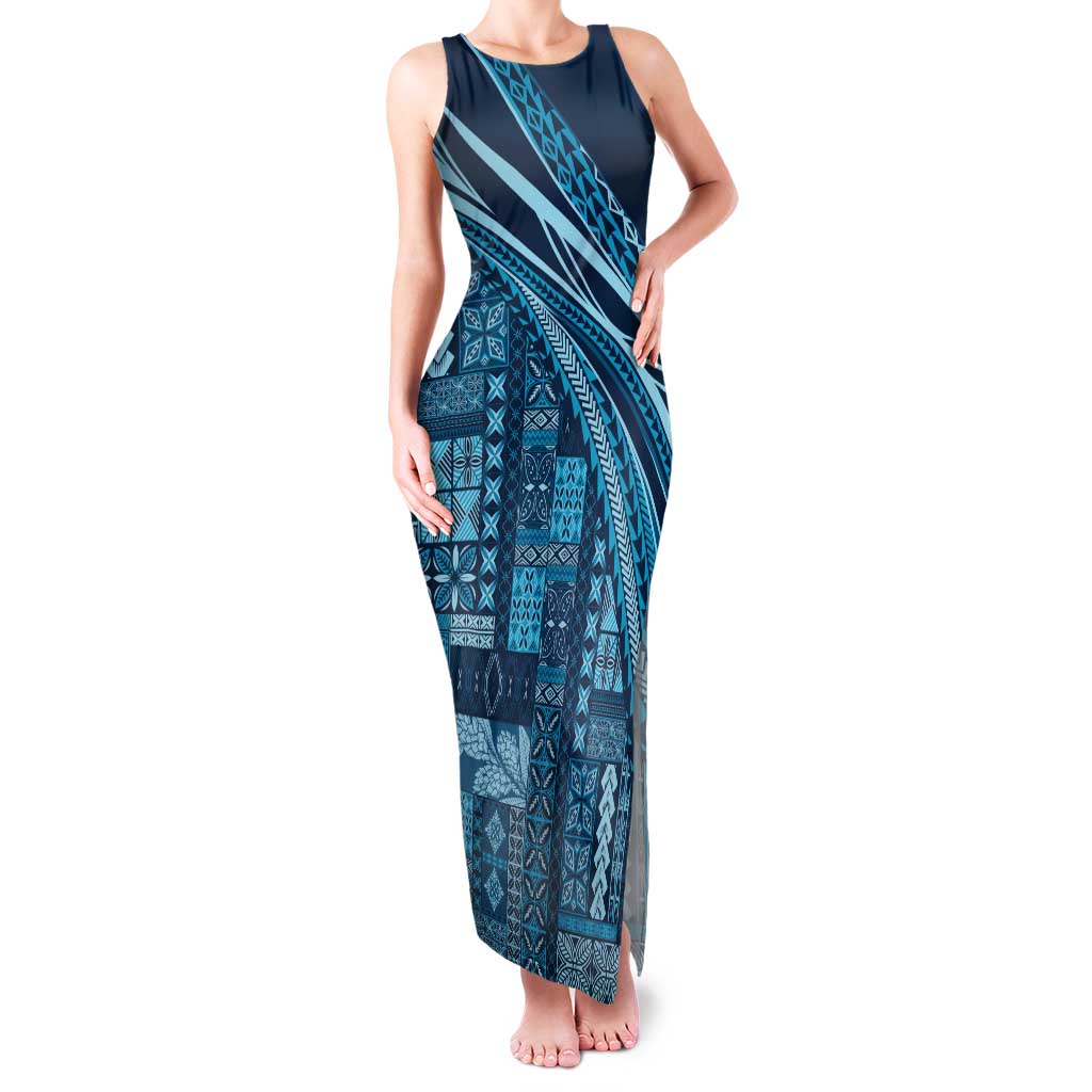 Pasifika Women's Day - Samoa Siapo Malu Tattoo Inspired Family Matching Tank Maxi Dress and Hawaiian Shirt Navy Blue LT7 Mom's Dress Navy Blue - Polynesian Pride