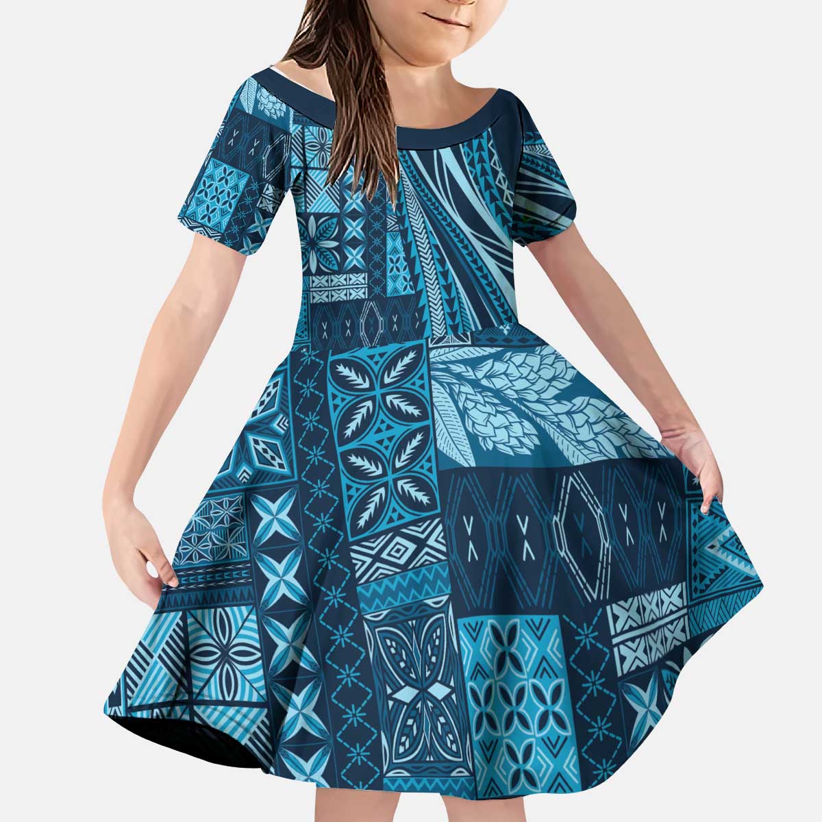 Pasifika Women's Day - Samoa Siapo Malu Tattoo Inspired Kid Short Sleeve Dress Navy Blue