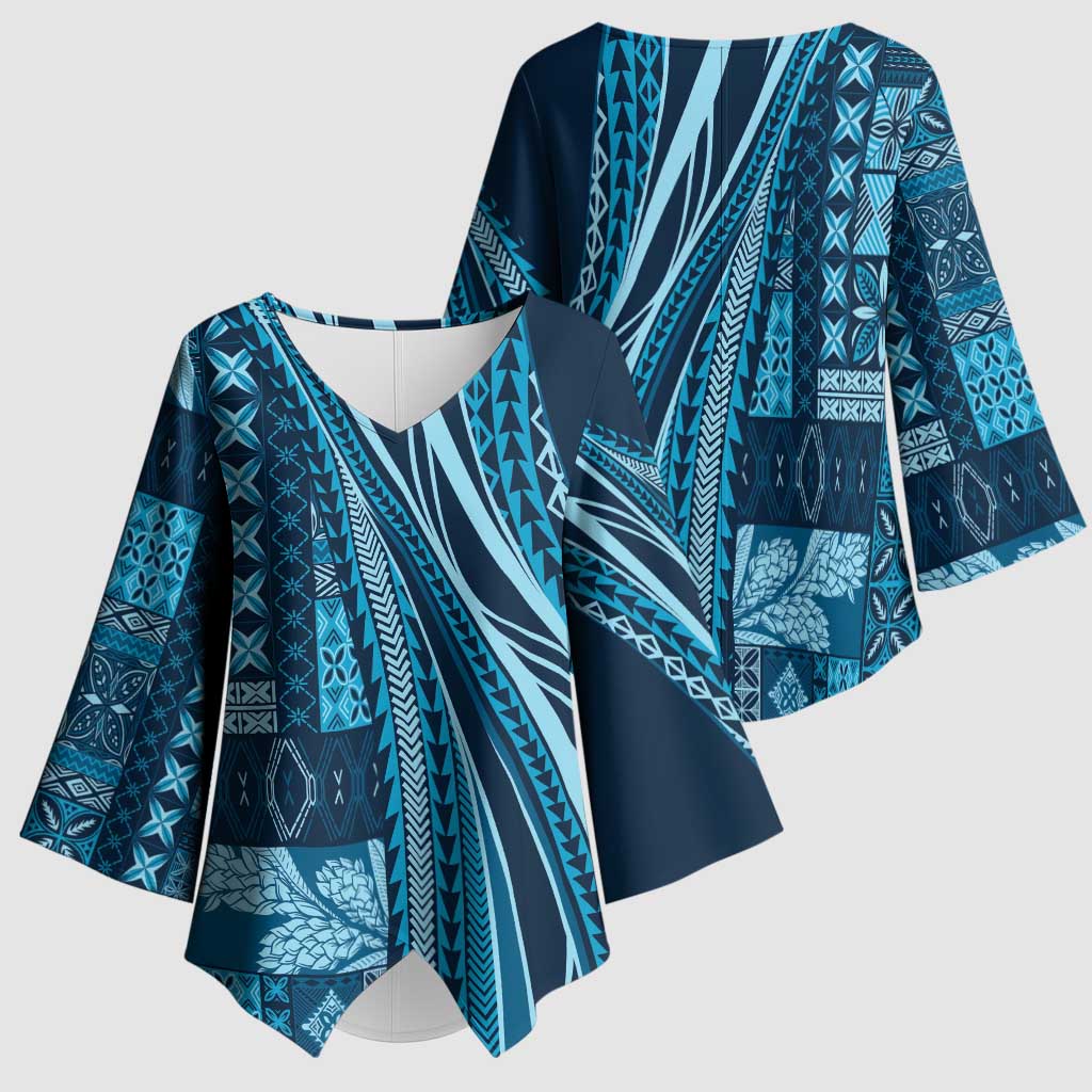 Pasifika Women's Day - Samoa Siapo Malu Tattoo Inspired Kimono Sleeve Blouse Navy Blue