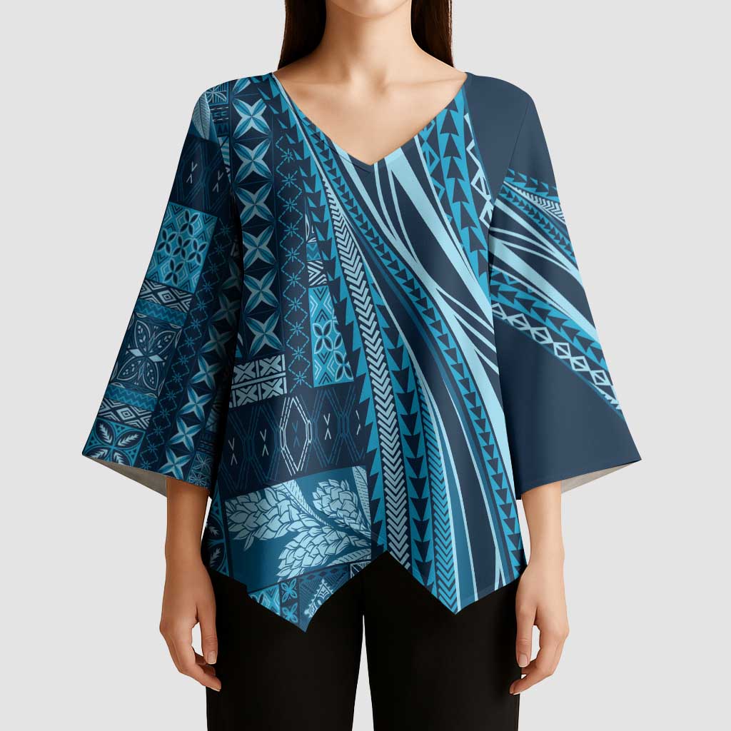 Pasifika Women's Day - Samoa Siapo Malu Tattoo Inspired Kimono Sleeve Blouse Navy Blue