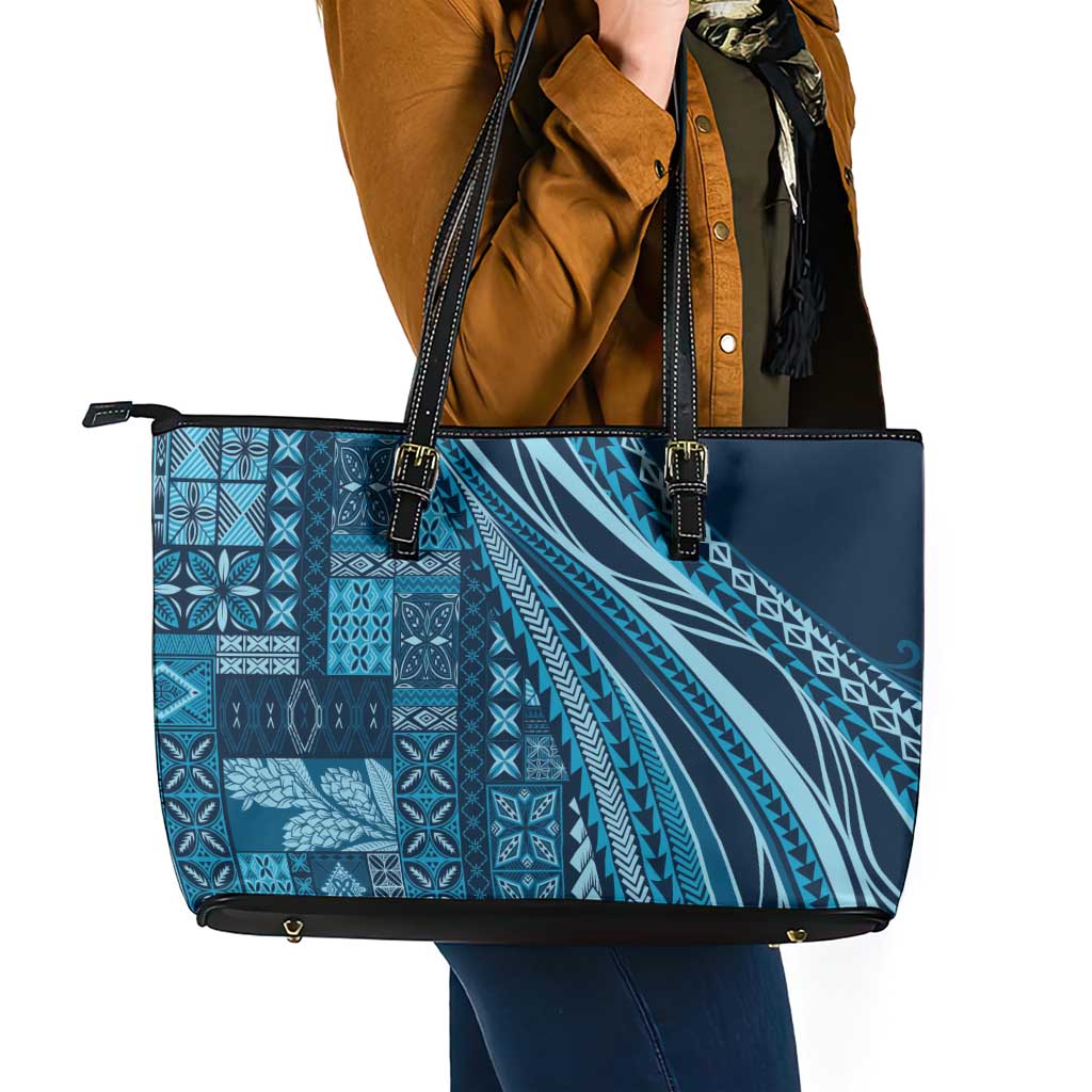 Pasifika Women's Day - Samoa Siapo Malu Tattoo Inspired Leather Tote Bag Navy Blue