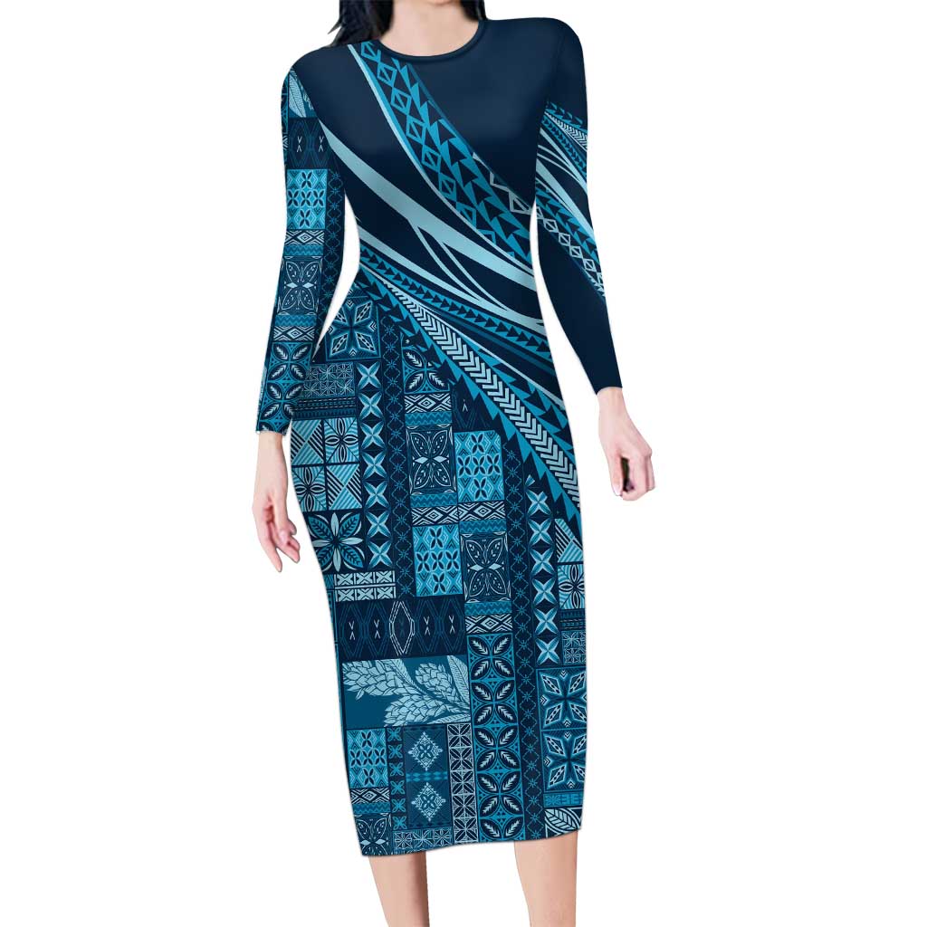 Pasifika Women's Day - Samoa Siapo Malu Tattoo Inspired Long Sleeve Bodycon Dress Navy Blue