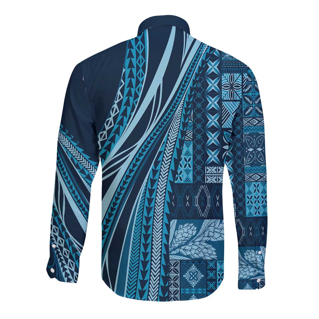 Pasifika Women's Day - Samoa Siapo Malu Tattoo Inspired Long Sleeve Button Shirt Navy Blue