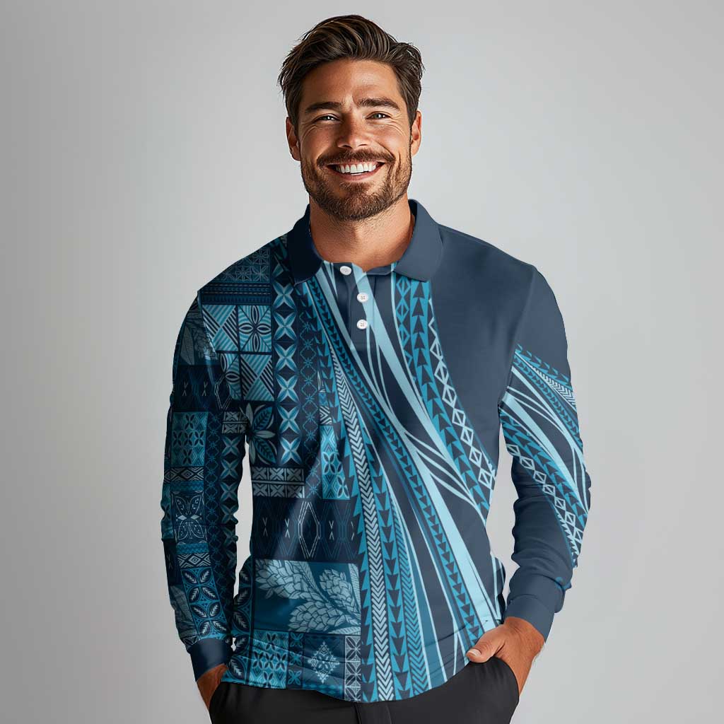 Pasifika Women's Day - Samoa Siapo Malu Tattoo Inspired Long Sleeve Polo Shirt Navy Blue LT7 - Polynesian Pride