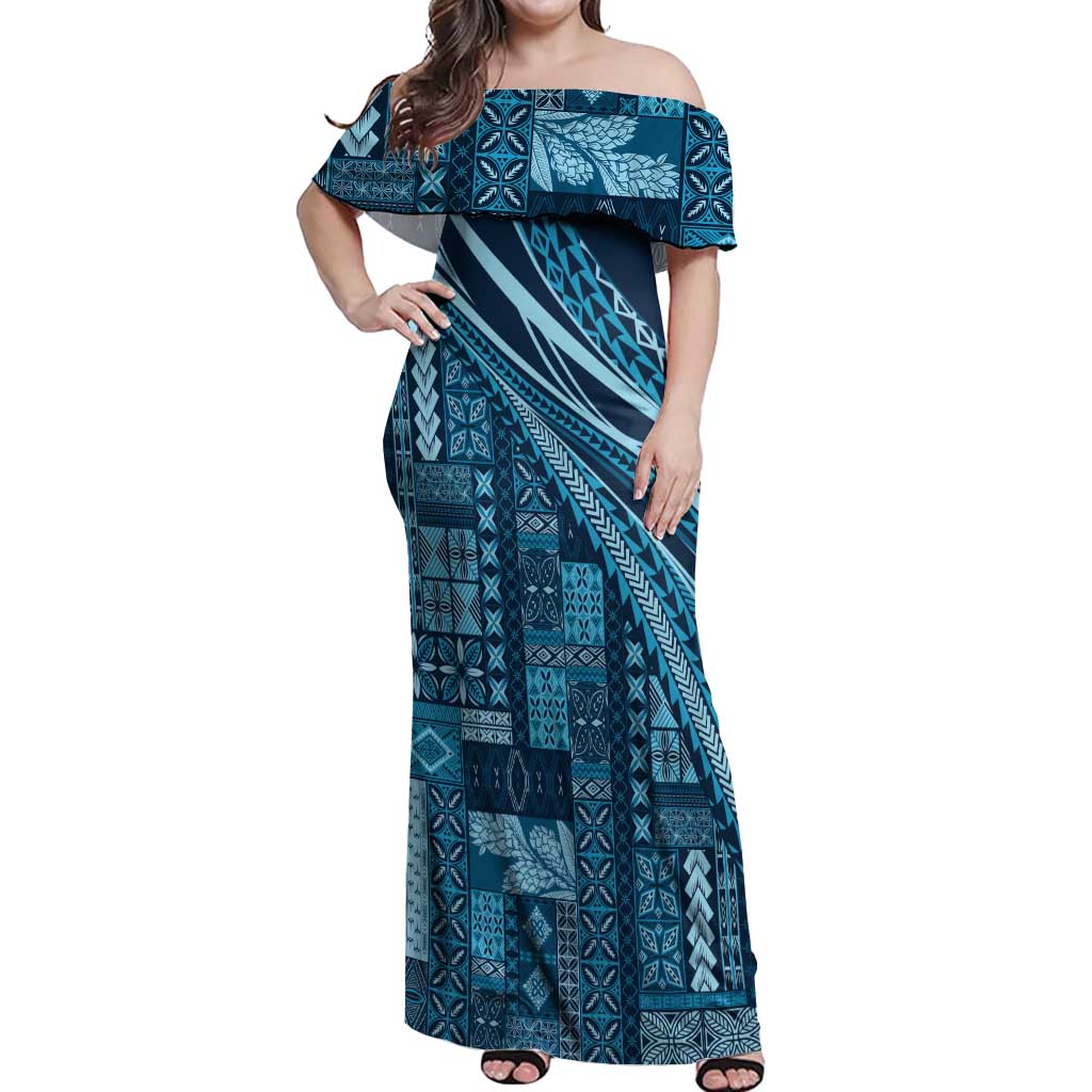 Pasifika Women's Day - Samoa Siapo Malu Tattoo Inspired Off Shoulder Maxi Dress Navy Blue