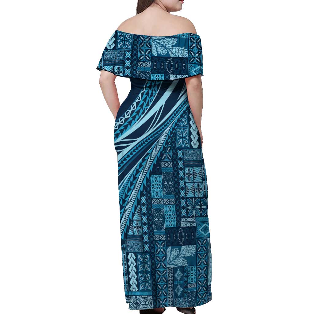 Pasifika Women's Day - Samoa Siapo Malu Tattoo Inspired Off Shoulder Maxi Dress Navy Blue