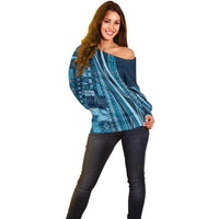 Pasifika Women's Day - Samoa Siapo Malu Tattoo Inspired Off Shoulder Sweater Navy Blue