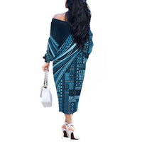 Pasifika Women's Day - Samoa Siapo Malu Tattoo Inspired Off The Shoulder Long Sleeve Dress Navy Blue