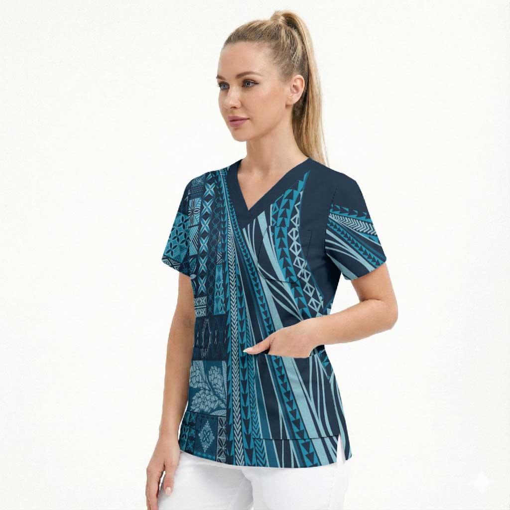Pasifika Women's Day - Samoa Siapo Malu Tattoo Inspired Scrub Top Navy Blue