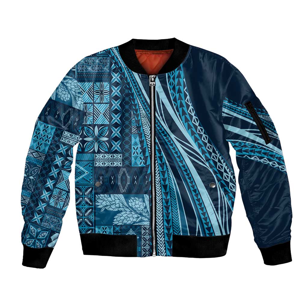 Pasifika Women's Day - Samoa Siapo Malu Tattoo Inspired Sleeve Zip Bomber Jacket Navy Blue