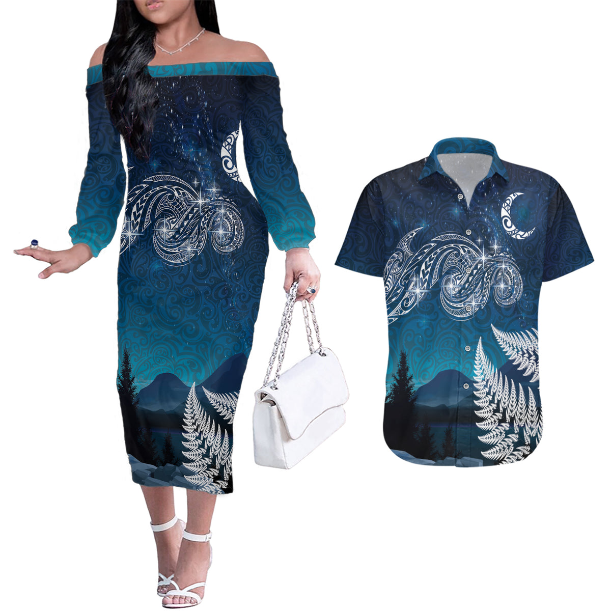 New Zealand Matariki Couples Matching Off The Shoulder Long Sleeve Dress and Hawaiian Shirt Starry Night Style LT7 Navy - Polynesian Pride