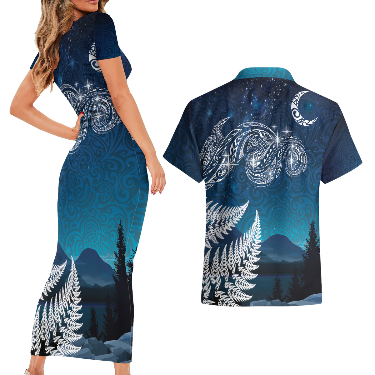 New Zealand Matariki Couples Matching Short Sleeve Bodycon Dress and Hawaiian Shirt Starry Night Style LT7 - Polynesian Pride