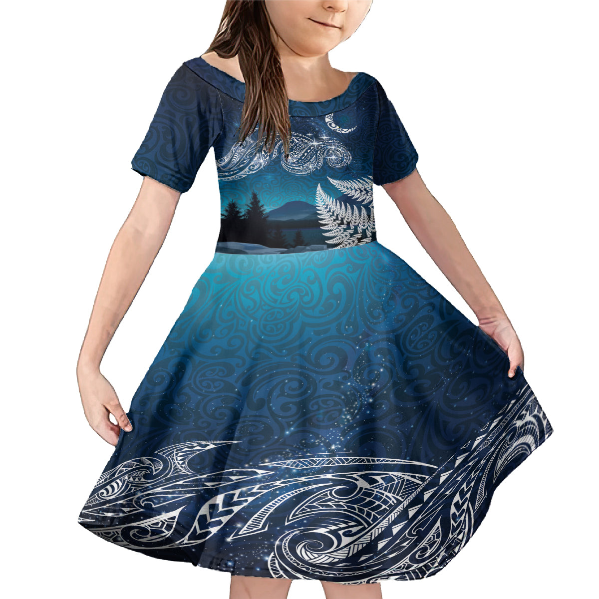 New Zealand Matariki Family Matching Mermaid Dress and Hawaiian Shirt Starry Night Style LT7 Daughter's Dress Navy - Polynesian Pride