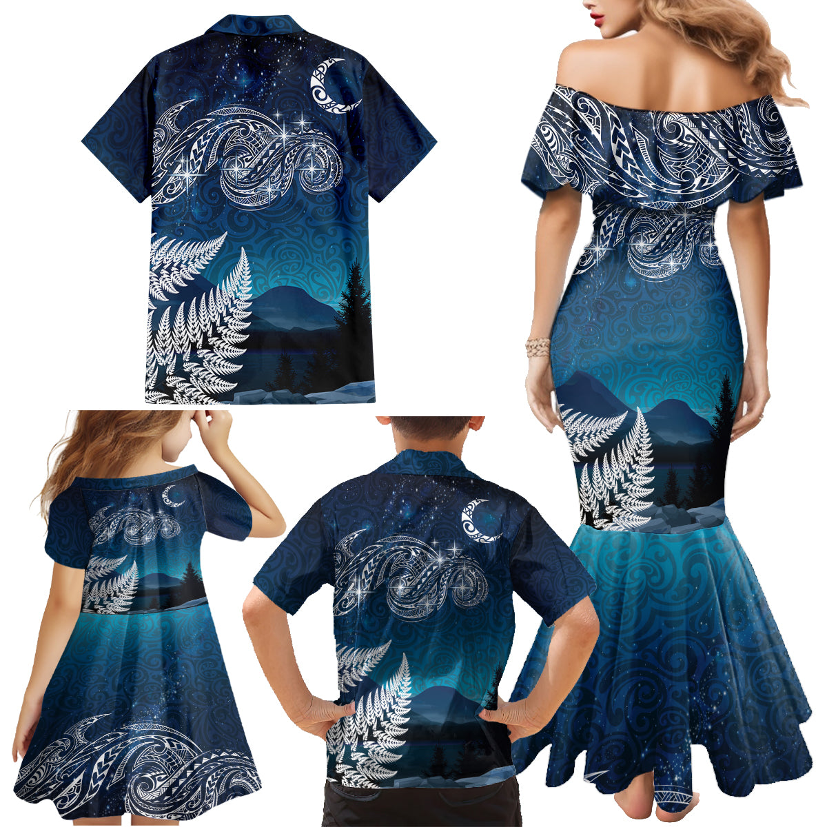 New Zealand Matariki Family Matching Mermaid Dress and Hawaiian Shirt Starry Night Style LT7 - Polynesian Pride