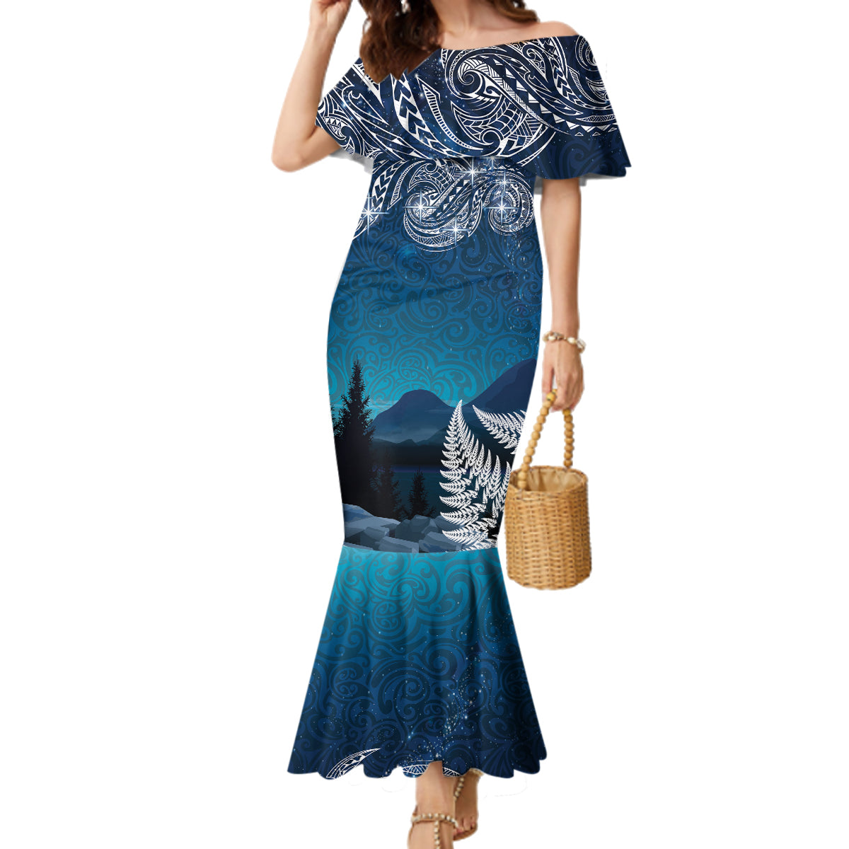 New Zealand Matariki Family Matching Mermaid Dress and Hawaiian Shirt Starry Night Style LT7 Mom's Dress Navy - Polynesian Pride
