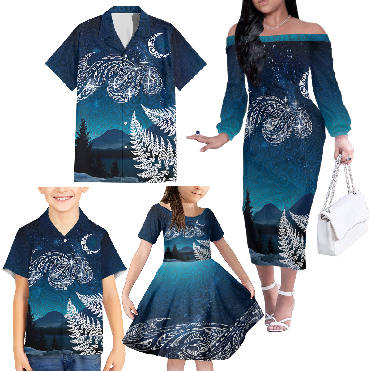 New Zealand Matariki Family Matching Off The Shoulder Long Sleeve Dress and Hawaiian Shirt Starry Night Style LT7 - Polynesian Pride