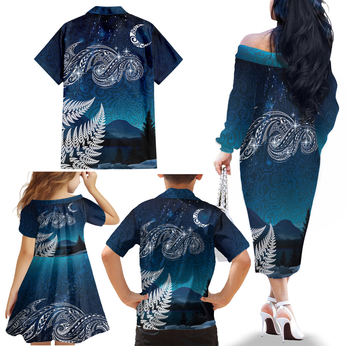 New Zealand Matariki Family Matching Off The Shoulder Long Sleeve Dress and Hawaiian Shirt Starry Night Style LT7 - Polynesian Pride