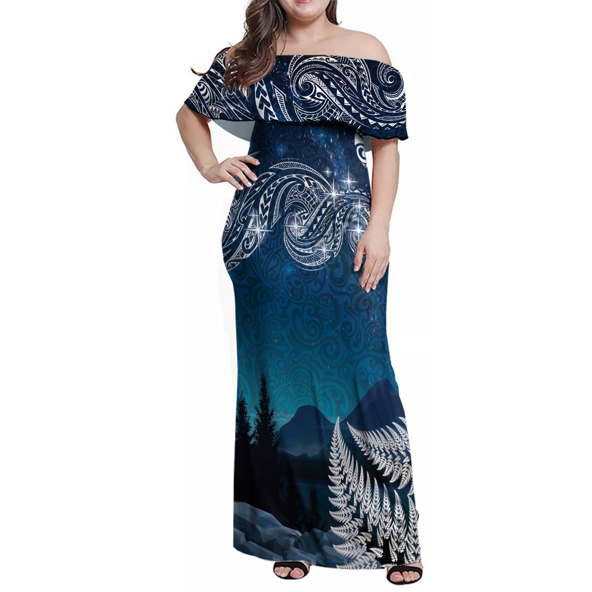 New Zealand Matariki Family Matching Off Shoulder Maxi Dress and Hawaiian Shirt Starry Night Style LT7 Mom's Dress Navy - Polynesian Pride