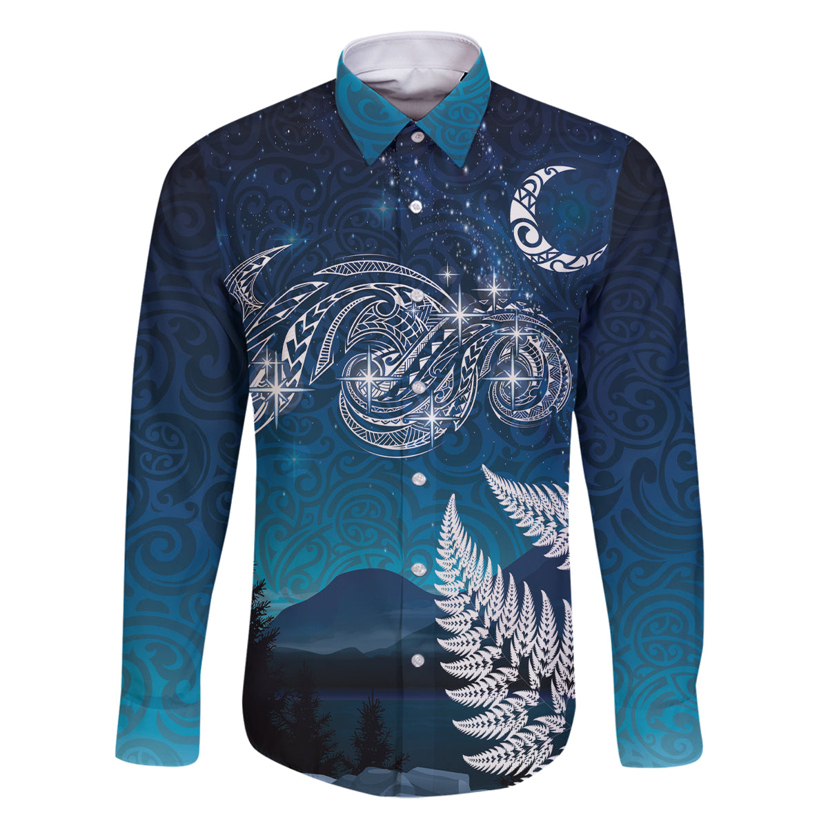 New Zealand Matariki Family Matching Off Shoulder Short Dress and Hawaiian Shirt Starry Night Style LT7 Dad's Shirt - Long Sleeve Navy - Polynesian Pride