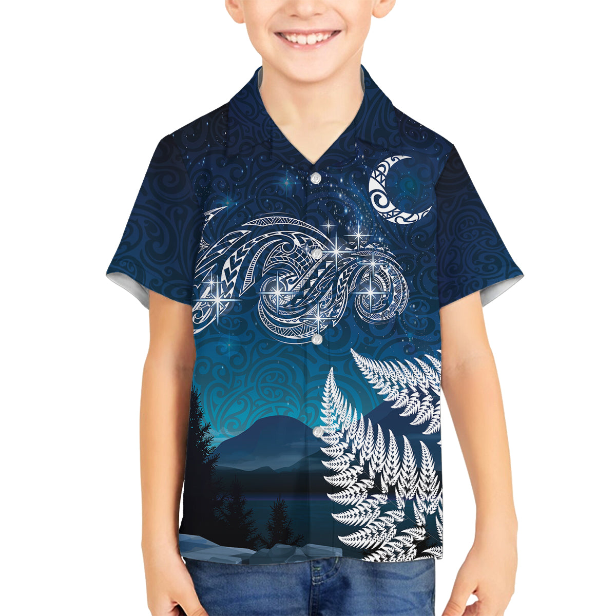 New Zealand Matariki Family Matching Off Shoulder Short Dress and Hawaiian Shirt Starry Night Style LT7 Son's Shirt Navy - Polynesian Pride