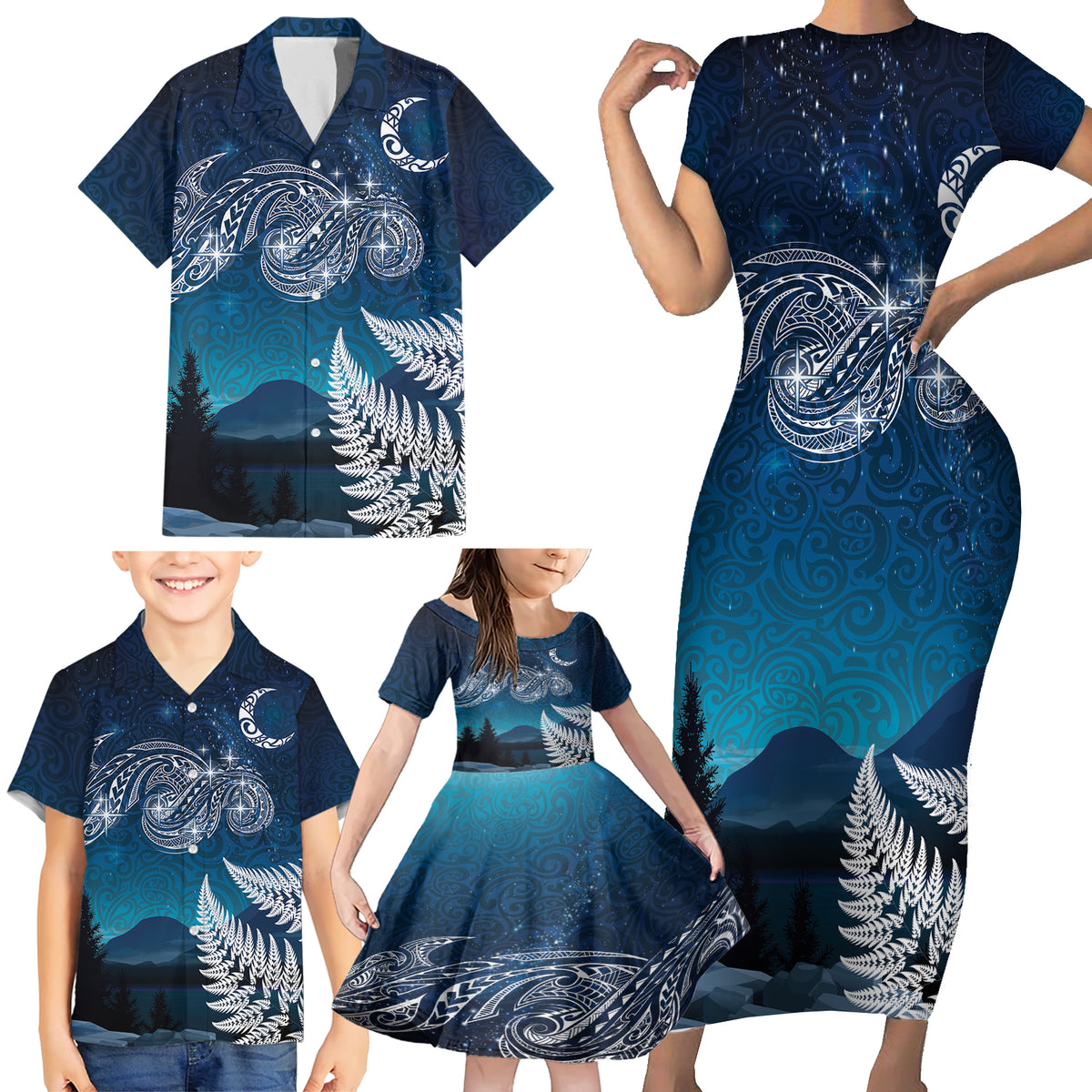 New Zealand Matariki Family Matching Short Sleeve Bodycon Dress and Hawaiian Shirt Starry Night Style LT7 - Polynesian Pride
