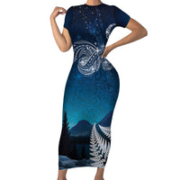 New Zealand Matariki Family Matching Short Sleeve Bodycon Dress and Hawaiian Shirt Starry Night Style LT7 Mom's Dress Navy - Polynesian Pride