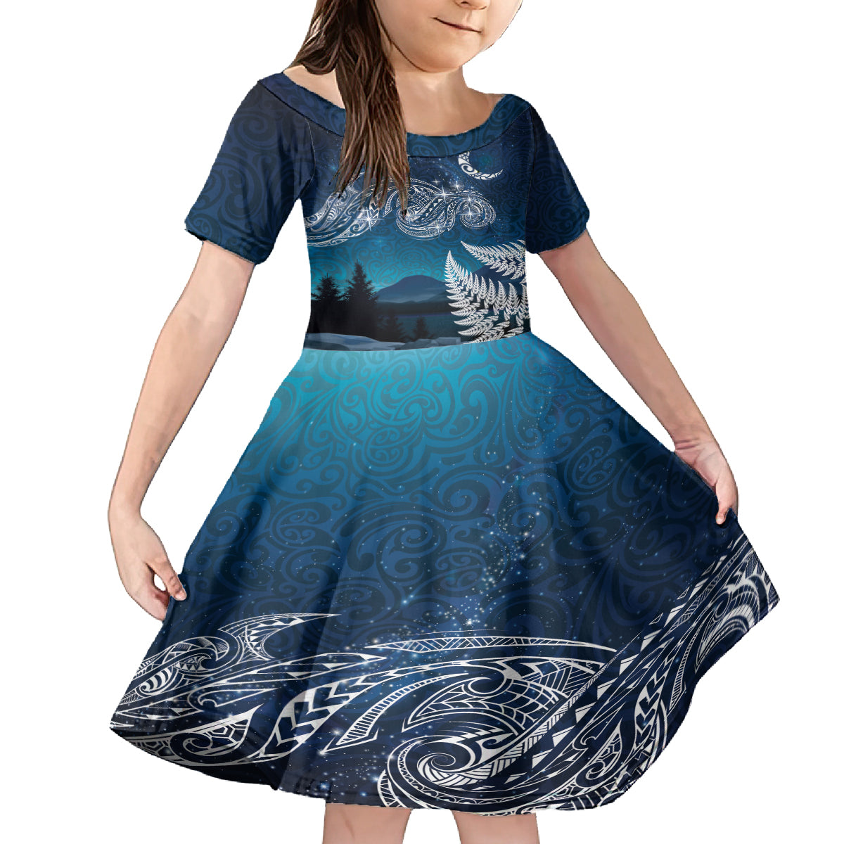 New Zealand Matariki Family Matching Summer Maxi Dress and Hawaiian Shirt Starry Night Style LT7 Daughter's Dress Navy - Polynesian Pride