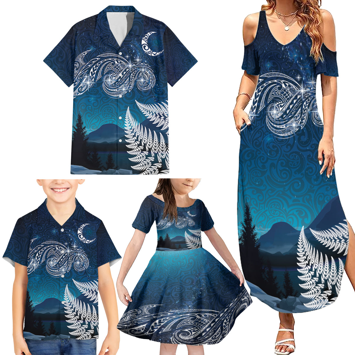 New Zealand Matariki Family Matching Summer Maxi Dress and Hawaiian Shirt Starry Night Style LT7 - Polynesian Pride