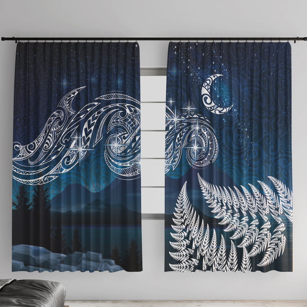 New Zealand Matariki Window Curtain Starry Night Style LT7 With Hooks Navy - Polynesian Pride