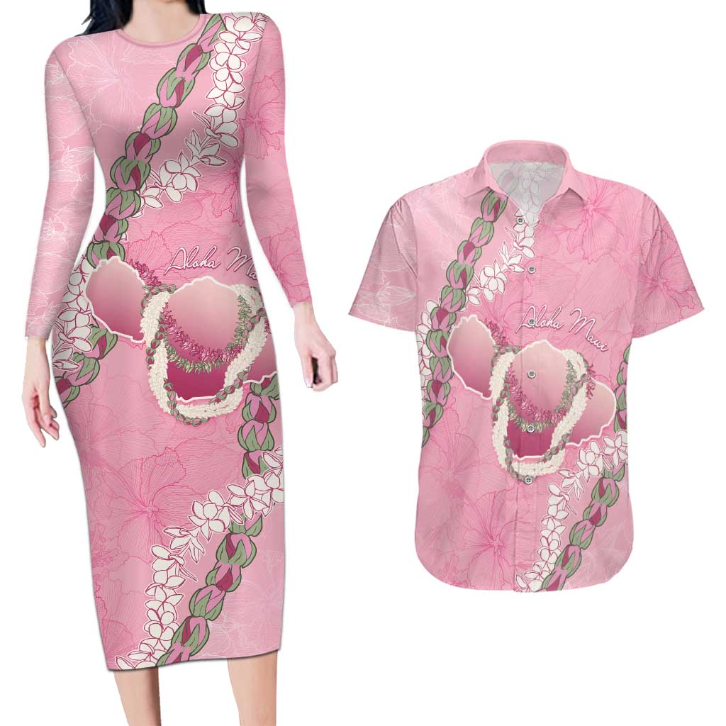 Hawaii Maui Island Flowers Lei Couples Matching Long Sleeve Bodycon Dress and Hawaiian Shirt Lokelani Rose Pink