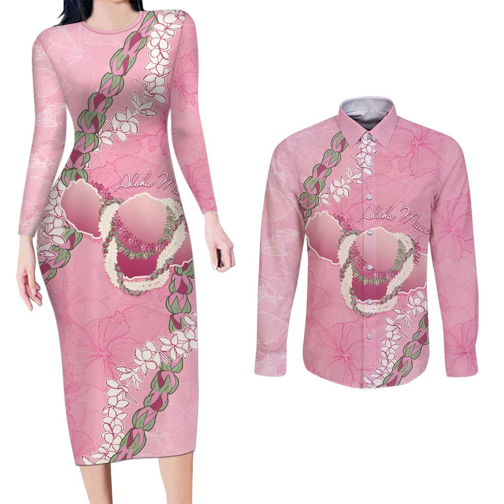Hawaii Maui Island Flowers Lei Couples Matching Long Sleeve Bodycon Dress and Long Sleeve Button Shirt Lokelani Rose Pink LT7 Pink - Polynesian Pride