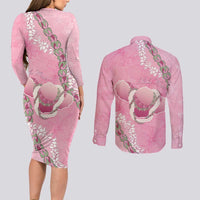 Hawaii Maui Island Flowers Lei Couples Matching Long Sleeve Bodycon Dress and Long Sleeve Button Shirt Lokelani Rose Pink LT7 - Polynesian Pride