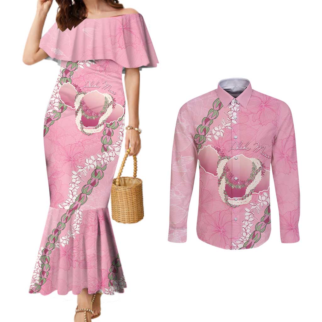 Hawaii Maui Island Flowers Lei Couples Matching Mermaid Dress and Long Sleeve Button Shirt Lokelani Rose Pink LT7 Pink - Polynesian Pride