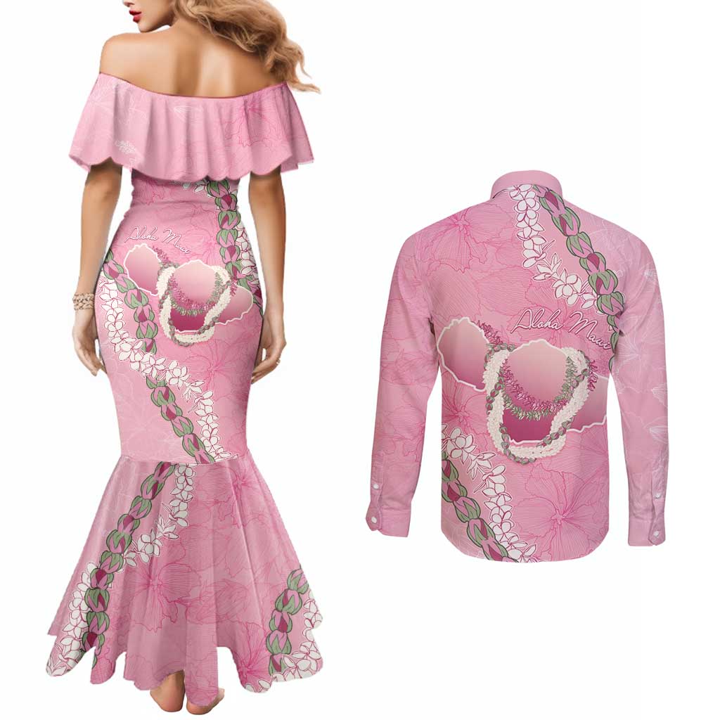 Hawaii Maui Island Flowers Lei Couples Matching Mermaid Dress and Long Sleeve Button Shirt Lokelani Rose Pink LT7 - Polynesian Pride