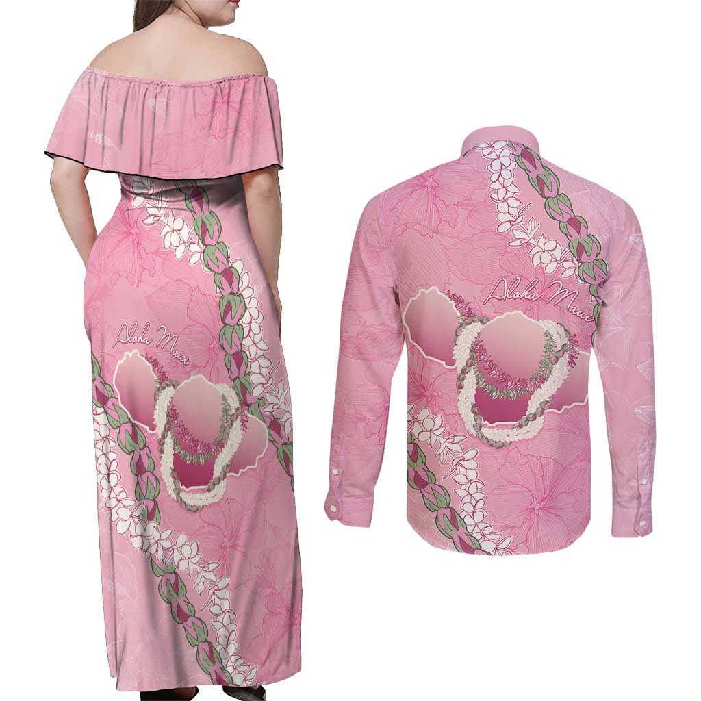 Hawaii Maui Island Flowers Lei Couples Matching Off Shoulder Maxi Dress and Long Sleeve Button Shirt Lokelani Rose Pink