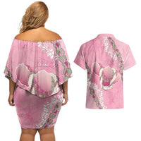 Hawaii Maui Island Flowers Lei Couples Matching Off Shoulder Short Dress and Hawaiian Shirt Lokelani Rose Pink LT7 - Polynesian Pride