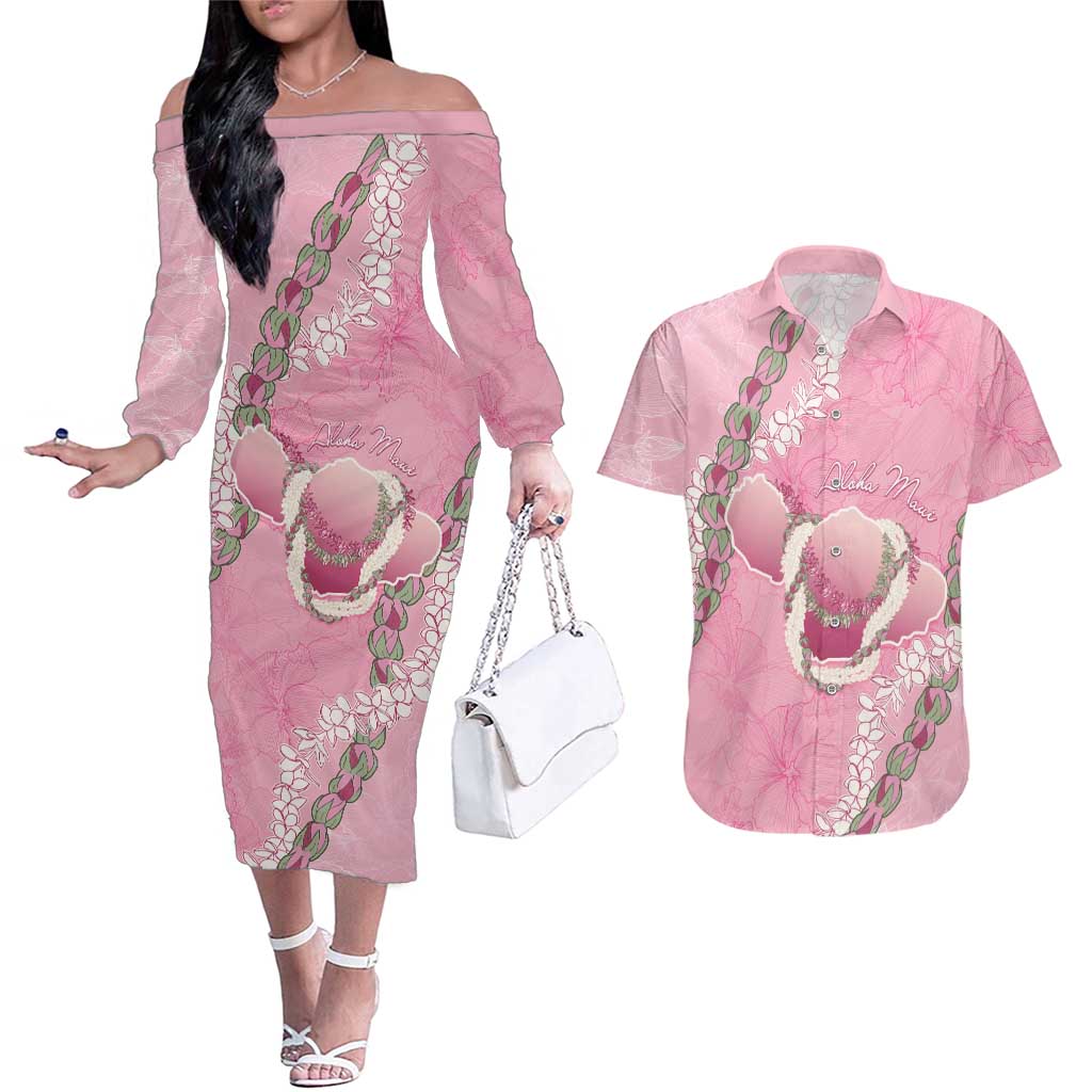 Hawaii Maui Island Flowers Lei Couples Matching Off The Shoulder Long Sleeve Dress and Hawaiian Shirt Lokelani Rose Pink LT7 Pink - Polynesian Pride