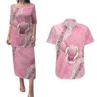 Hawaii Maui Island Flowers Lei Couples Matching Puletasi and Hawaiian Shirt Lokelani Rose Pink