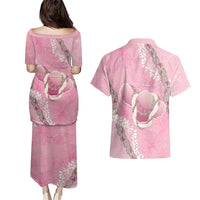 Hawaii Maui Island Flowers Lei Couples Matching Puletasi and Hawaiian Shirt Lokelani Rose Pink
