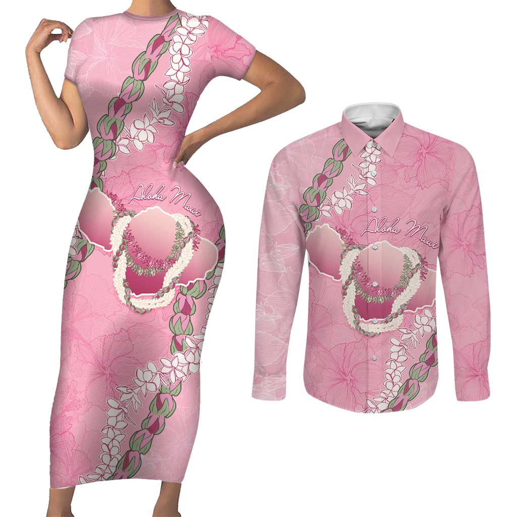 Hawaii Maui Island Flowers Lei Couples Matching Short Sleeve Bodycon Dress and Long Sleeve Button Shirt Lokelani Rose Pink LT7 Pink - Polynesian Pride